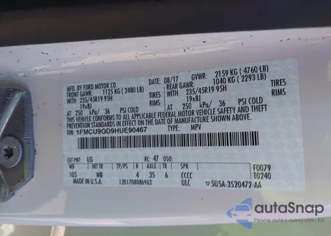 2017 Ford Escape Se z USA, uszkodzony, nr VIN 1FMCU9GD9HUE90467